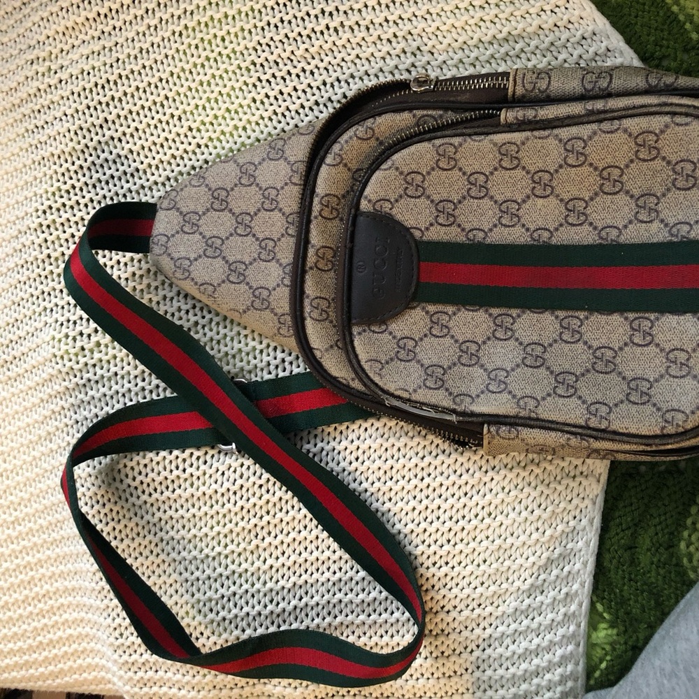 Gucci Monogram Crossbody Bag with Green and Red Stripe